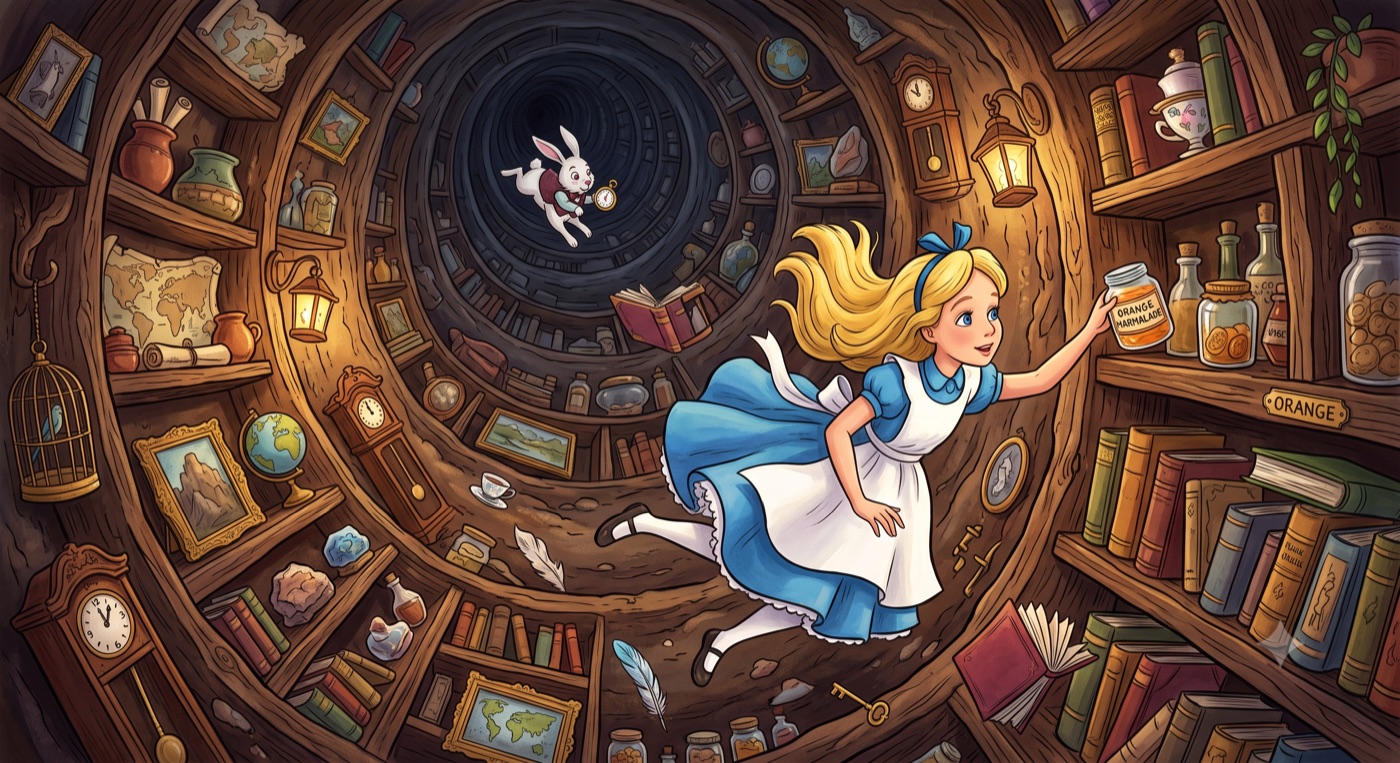 Alice following the White Rabbit down the rabbit hole